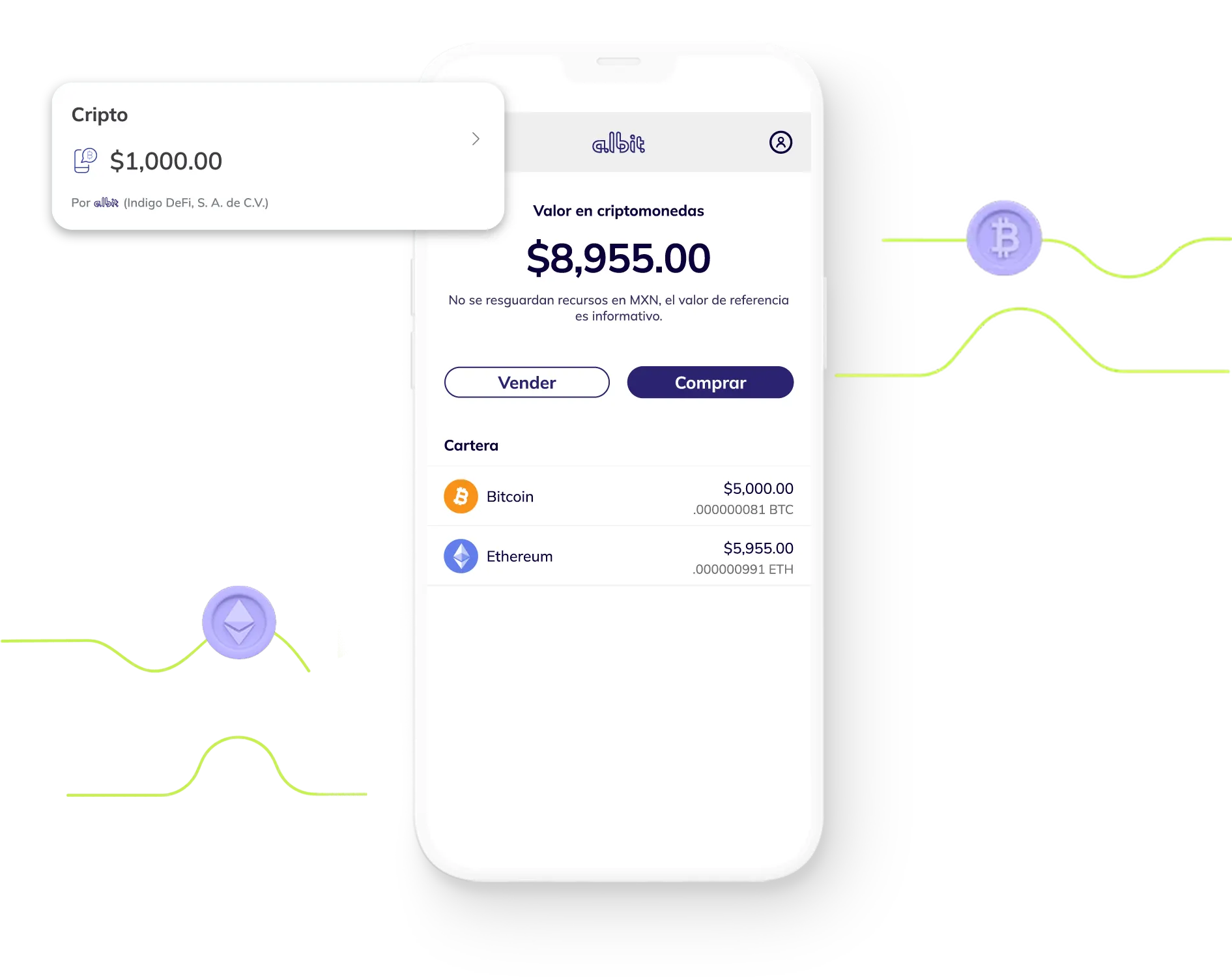 Mobile screen showing cryptocurrency wallet with Bitcoin and Ethereum balances and buy or sell options.