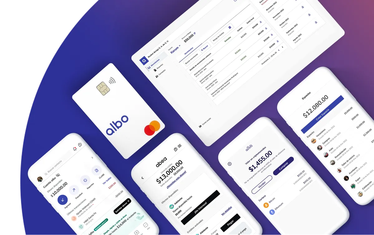 Albo Mastercard card with mobile and tablet screens showing albeo financial app interfaces.