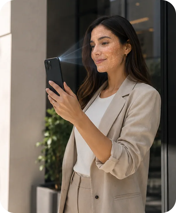 Mujer utilizando albo empresa de forma segura desde su celular