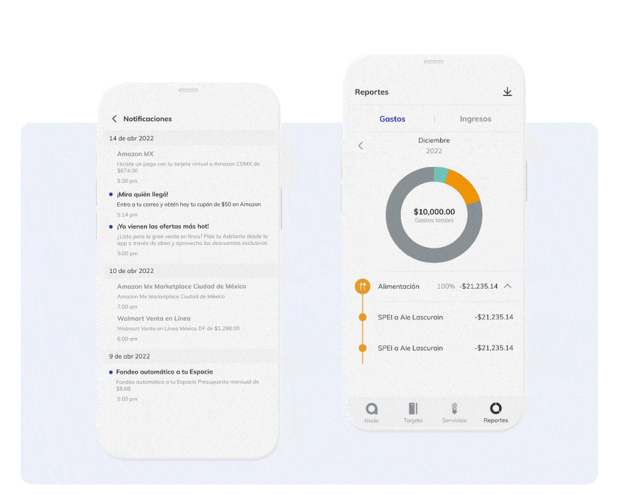 Two phone screens showing app notifications and a December expenses report with a pie chart and transaction details.